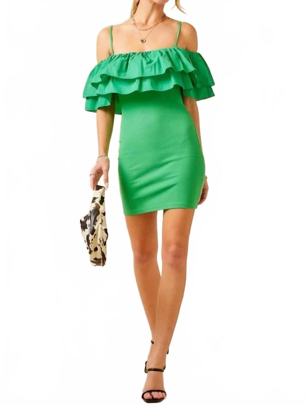 NEW DAY + MOON off shoulder ruffled ribbed mini dress in green